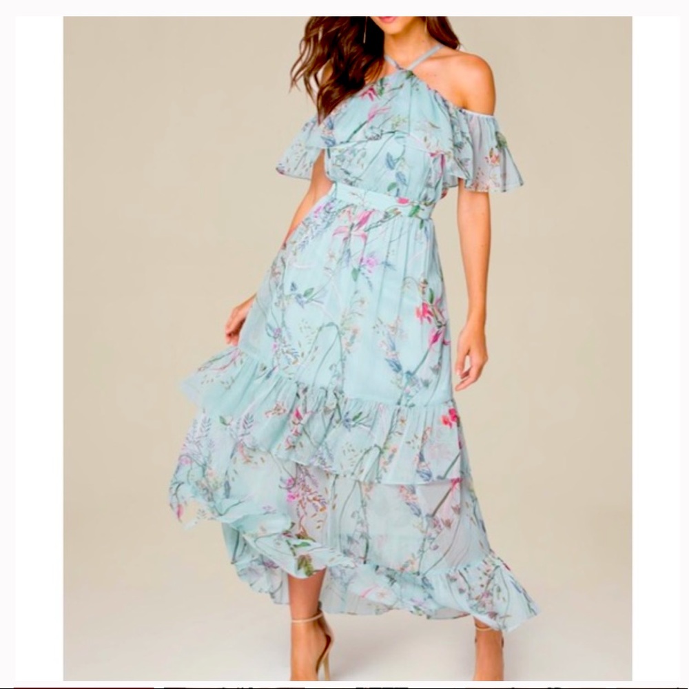 Bebe Off Shoulder Crinkle Chiffon Maxi Dress